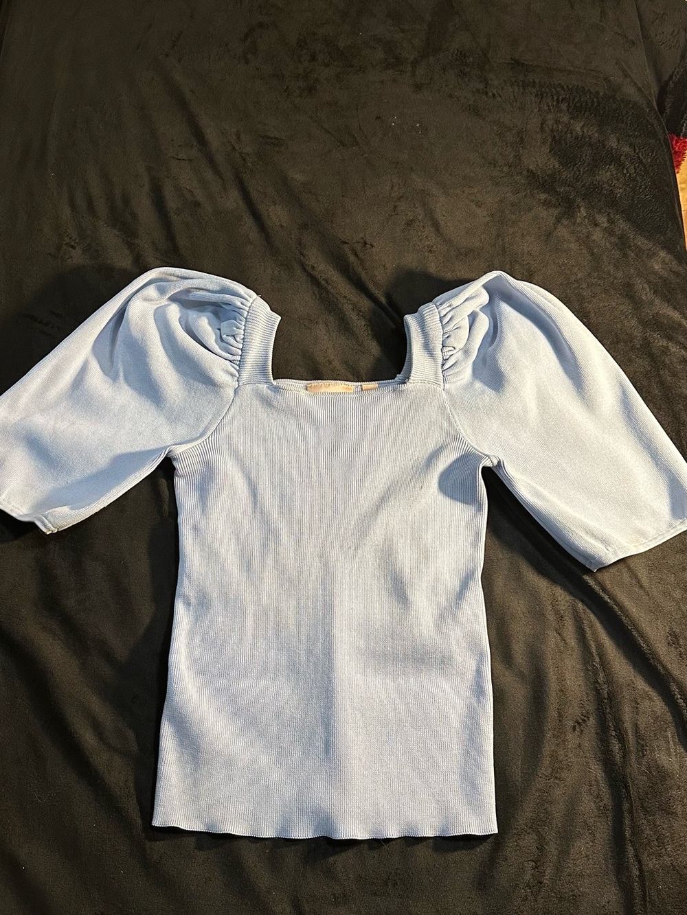 Willow & Root Light Blue Ribbed Puff Sleeve Square Neck Top Size Small